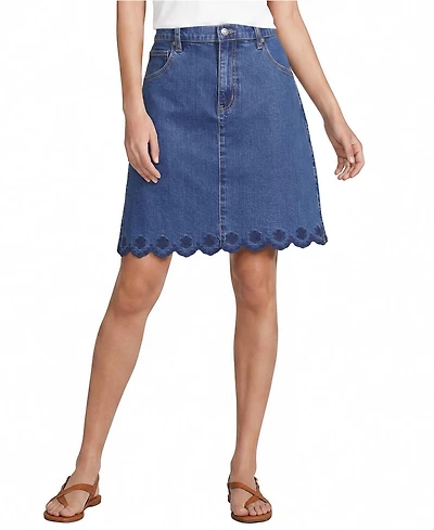 Lands' End Women's Soft Denim 5 Pocket Above the Knee Skirt with Embroidered Hem