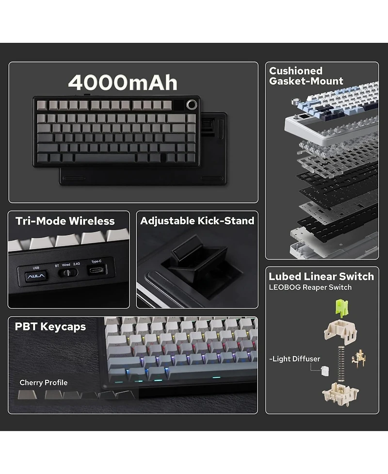 Aula F75 Max Wireless Mechanical Keyboard with Tft Smart Screen, Tri-Mode Connectivity, Hot Swappable, Rgb Backlit, Volume Knob, 75% Gasket Mount