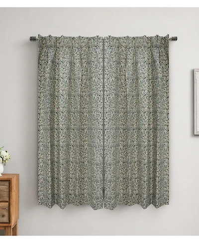 Fabdivine Handcrafted Floral Block Print Pleated Gray Linen Blend Ring Curtain