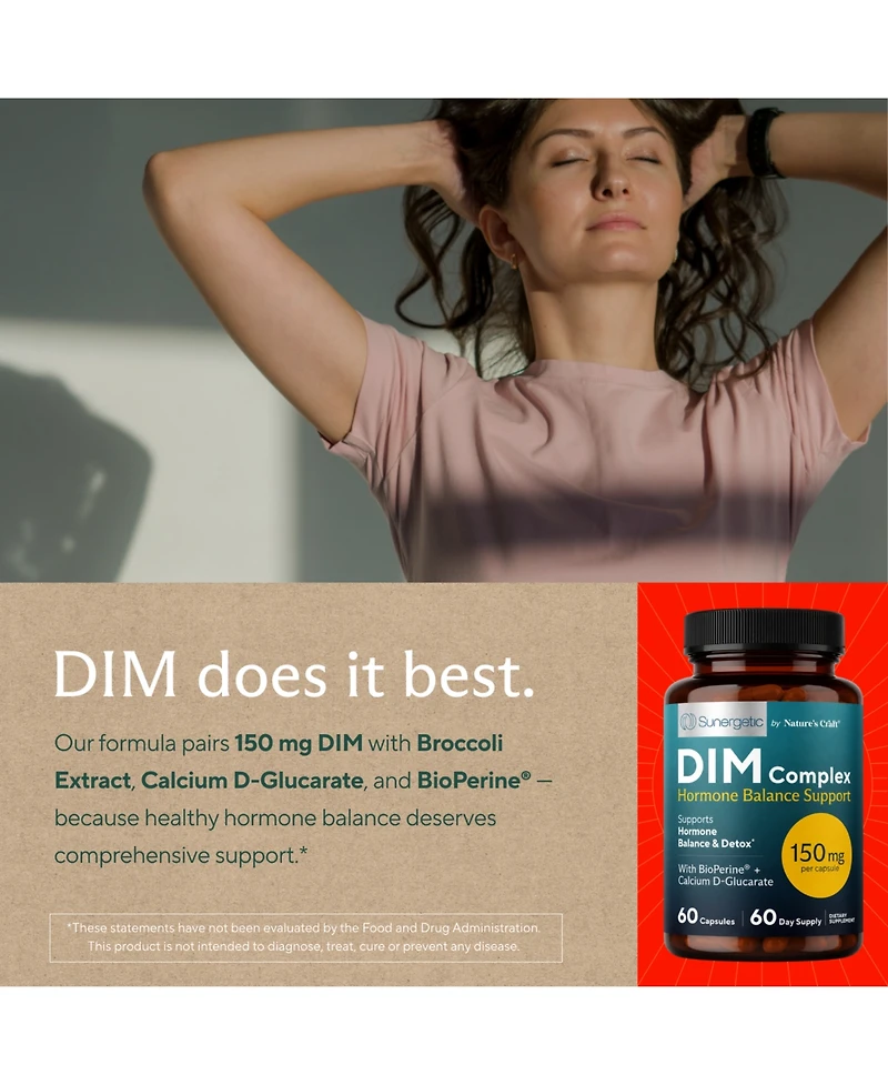 Sunergetic Dim Supplement 150mg with Broccoli Extract, Calcium D-Glucarate and Bioperine, Menopause Support for Men and Women, 60 Capsules