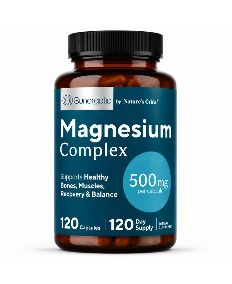 Sunergetic Magnesium Citrate and Oxide 500mg Capsules for Bone, Muscle and Energy Support, 120 Count