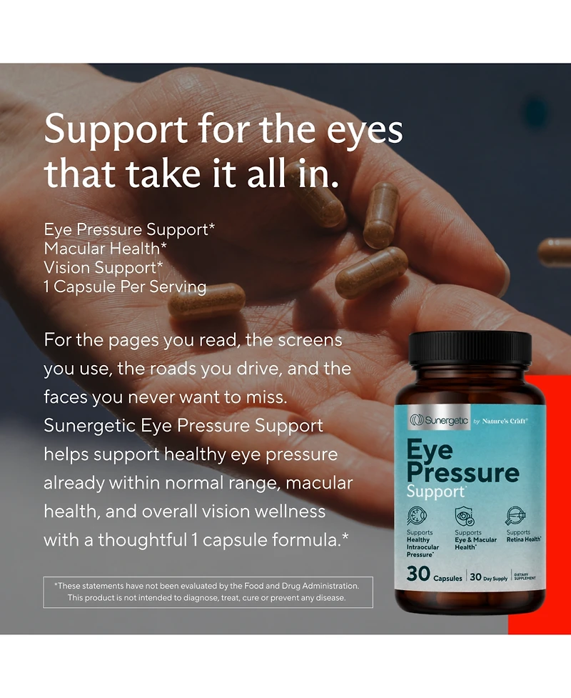 Sunergetic Eye Pressure Support Capsules with FloraGLO Lutein, affronEYE Saffron and Zeaxanthin, 30 Count
