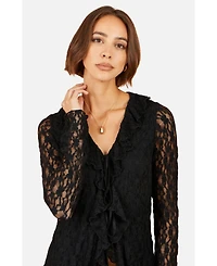 Yumi Women's Ruffled Lace Tie Neck Top