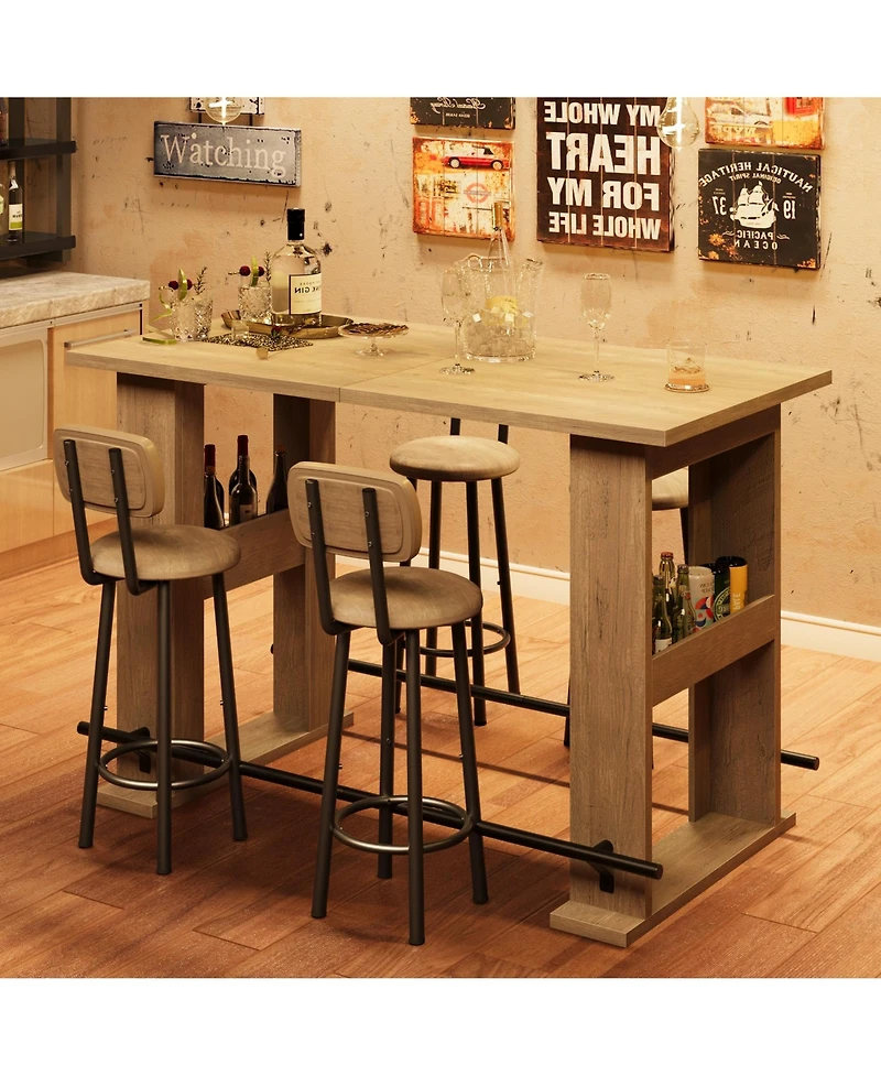 homfan 63-Inch Farmhouse Bar Table with Storage Shelves and Metal Footrest, Counter Height Pub Table for Kitchen
