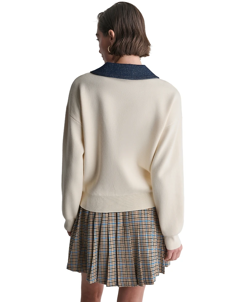 Bcbg Women's Long-Sleeve Collared V-Neck Denim Trim Sweater