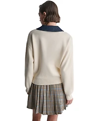 Bcbg Women's Long-Sleeve Collared V-Neck Denim Trim Sweater