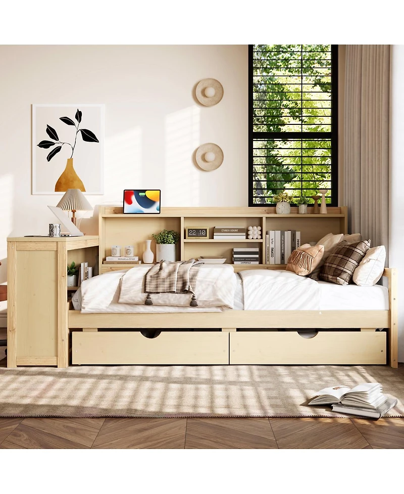 Streamdale Furniture Twin Corner Daybed With Storage, Desk, Charging, Bookcase