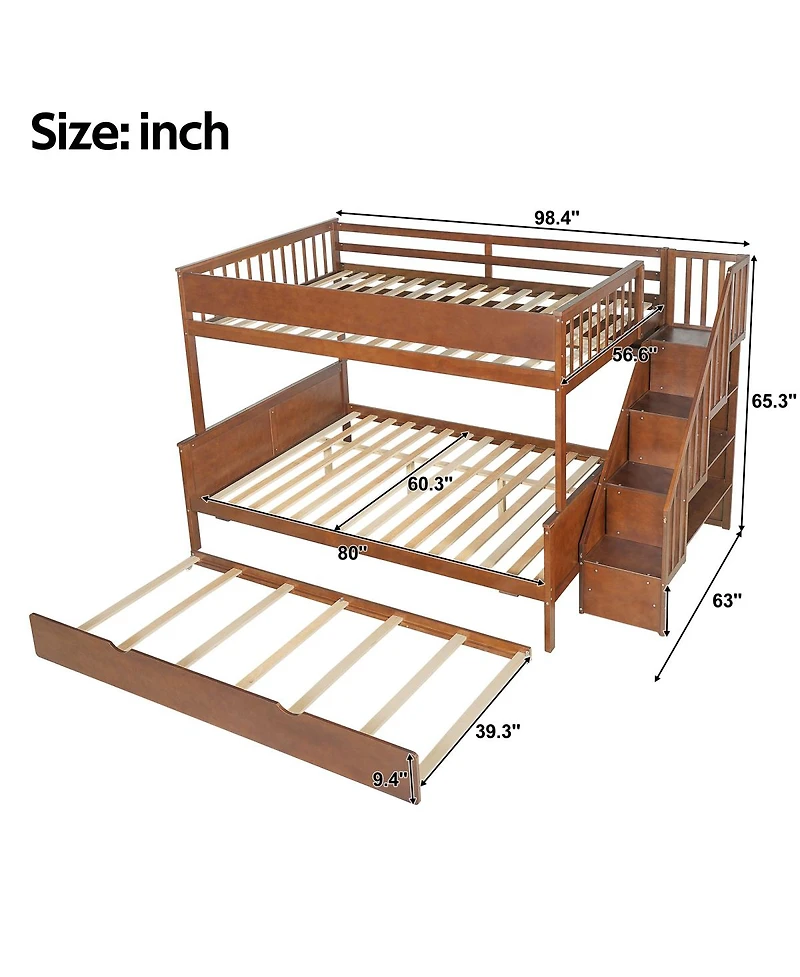 Streamdale Furniture Xl Bunk Bed with Storage, Stairs, Trundle, Led Light