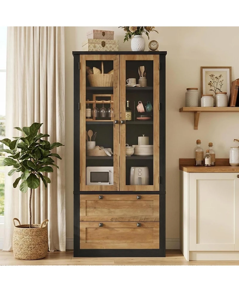 gaomon 72" Farmhouse Pantry Cabinet with Glass Doors, 2 Drawers & Adjustable Shelves