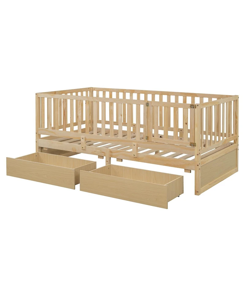 Streamdale Furniture Twin Wood Daybed With Drawers, Fence Rails, Floor Bed Option
