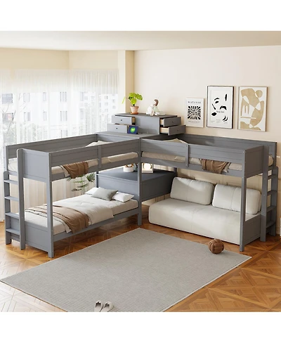 Streamdale Furniture L-Shaped Twin Bunk Bed With Desk, Drawers, Usb/Power
