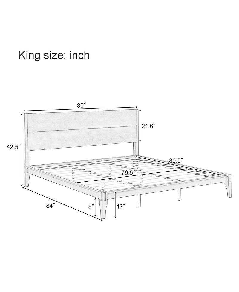 Streamdale Furniture Mid-Century Modern 12'' Bamboo King Platform Bed with Wood Slat Support