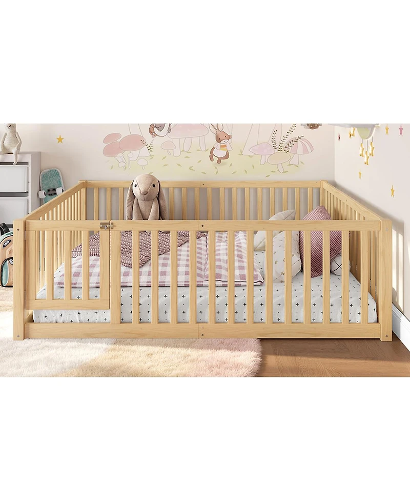 Streamdale Furniture Full Size Bed Floor Bed with Safety Guardrails and Door for Kids