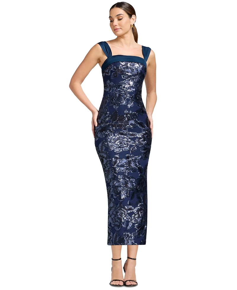 Dress the Population Women's Sequin Square Neck Bodycon Tea Length