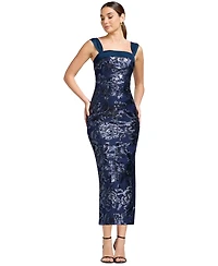Dress the Population Women's Sequin Square Neck Bodycon Tea Length
