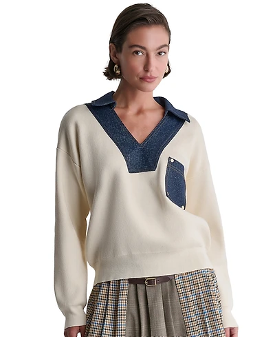 Bcbg Women's Long-Sleeve Collared V-Neck Denim Trim Sweater