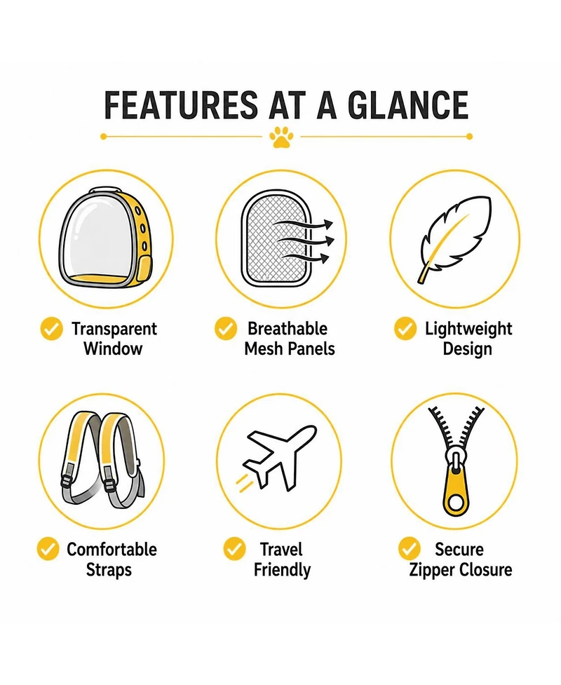 ProMounts Pet Carrier Backpack for Cats & Small Dogs, Airline-Friendly Bubble Carrier with Mesh Ventilation & Safety Leash | Yellow