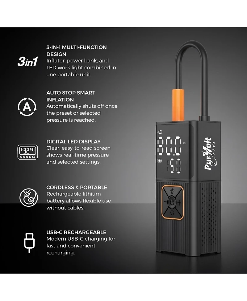 Pursonic 3-in-1 Cordless Tire Inflator- Inflator, Power Bank and Led Light
