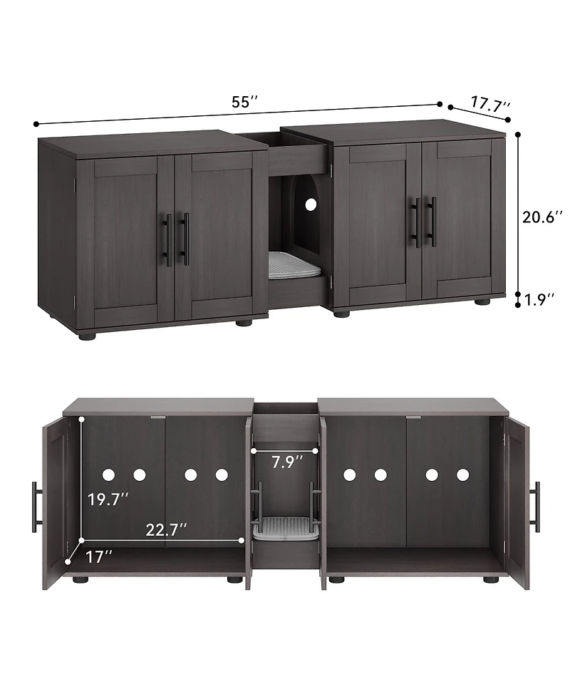 homfan Double Cat Litter Box Enclosure Furniture for 2 Cats, Hidden Wooden Cabinet with Dual Rooms, Barn Doors, Storage and Waterproof Surface