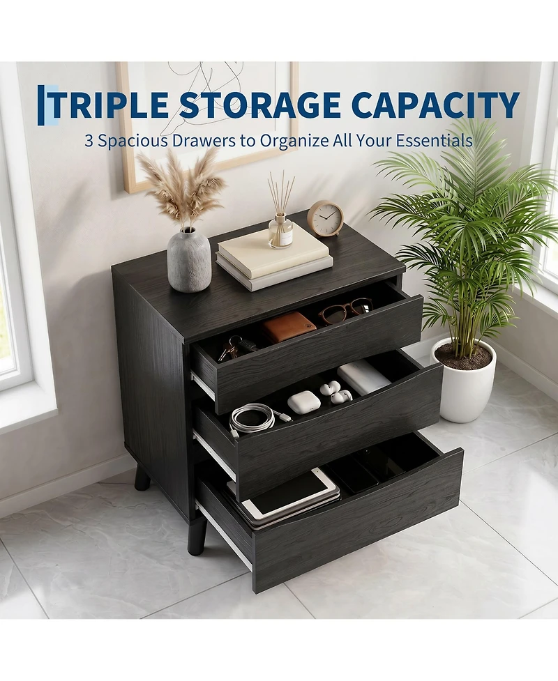 homfan Nightstand with 3 Storage Drawers, 24 Inch Wide Bedside Table with Wooden Top for Bedroom, Space Saving Modern End Table for Living Room Office