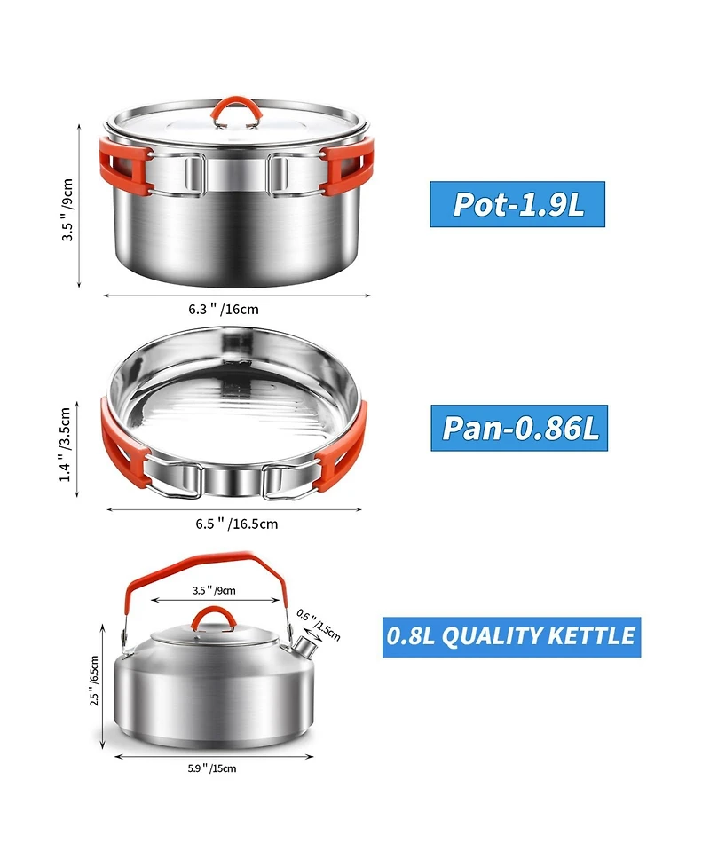 Piscifun 4 Piece 304 Stainless Steel Camping Cookware Set With Frying Pan Pot Kettle And Mesh Bag For Hiking Travel