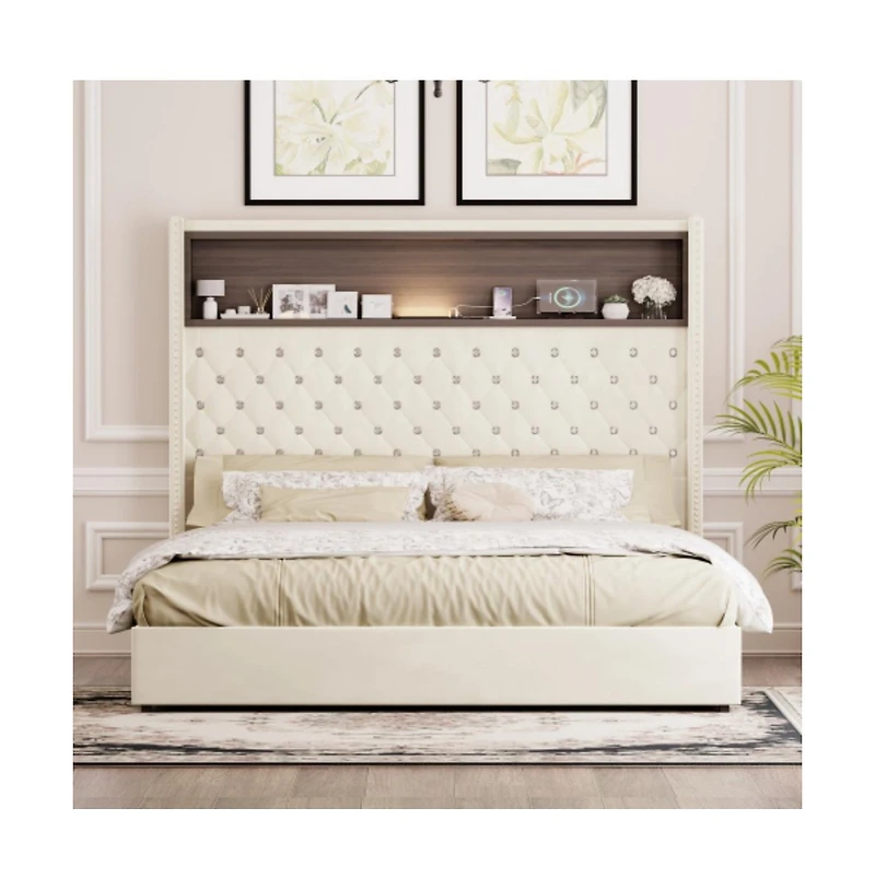 Lucky One Queen Size Velvet Tufted Bed Frame with Usb Port, Night Light, High Headboard, Wing-back, Storage Shelf, No Box Spring Needed