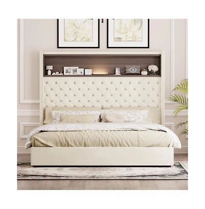 Lucky One Queen Size Velvet Tufted Bed Frame with Usb Port, Night Light, High Headboard, Wing-back, Storage Shelf, No Box Spring Needed