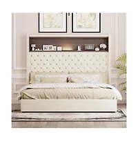Lucky One Queen Size Velvet Tufted Bed Frame with Usb Port, Night Light, High Headboard, Wing-back, Storage Shelf, No Box Spring Needed