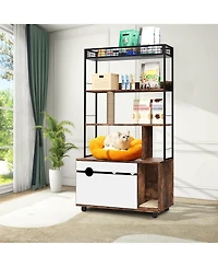 homfan Hidden Cat Litter Box Enclosure Furniture with 4-Tier Shelves and Scratching Post, 2-in-1 Large Wooden Cat Litter Box Cabinet