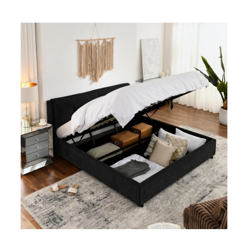 Lucky One King Size Storage Upholstered Hydraulic Platform Bed with Integrated Headboard, Chenille Fabric, No Box Spring Needed