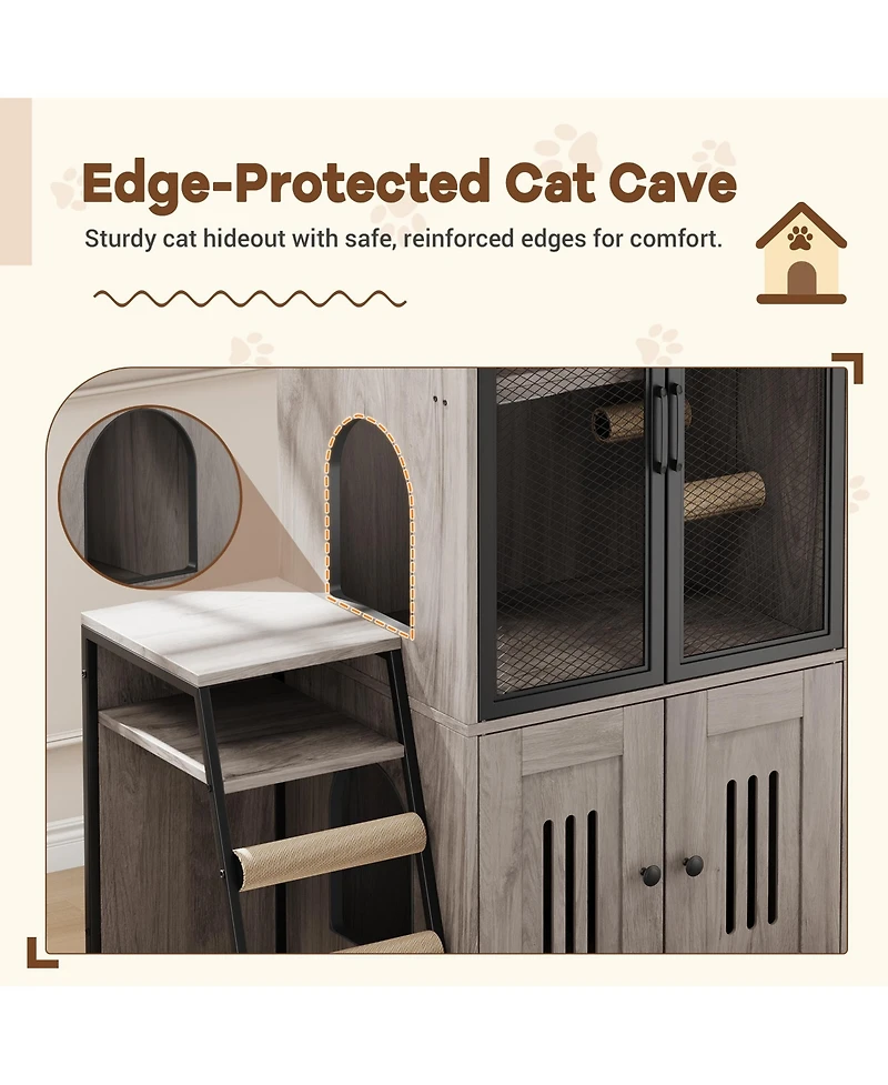 homfan Double Cat Litter Box Enclosure with Hammock, Sisal Scratching Post, Movable Ladder and Metal Mesh Door Hidden Washroom