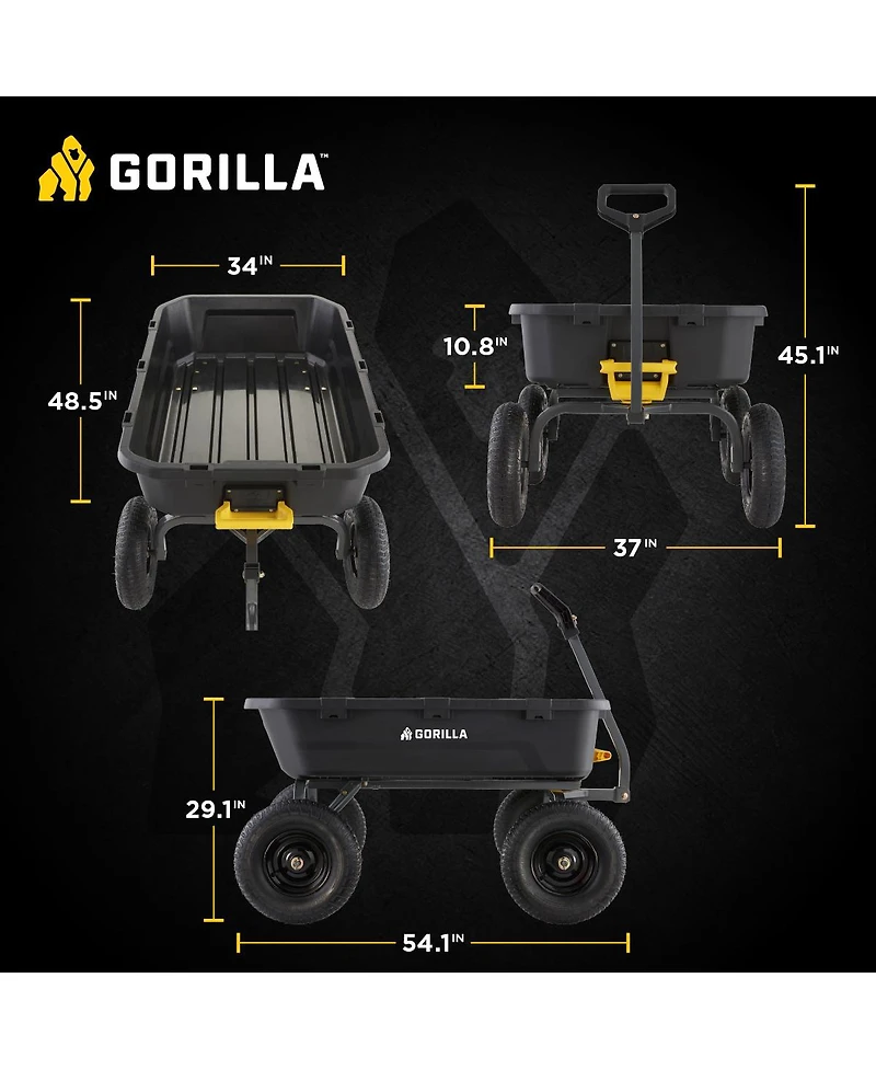 Gorilla Carts Heavy Duty 12 Cubic Foot Poly Yard Dump Garden Utility Cart, Black