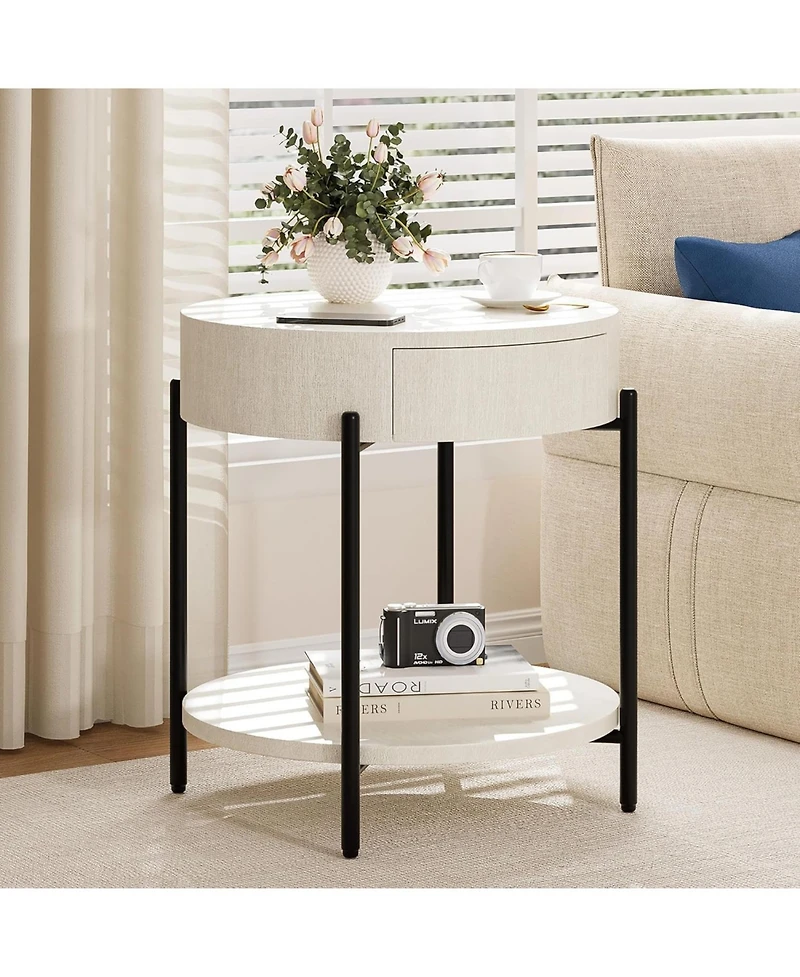 Round Farmhouse End Table with Drawer, Wood-Grain Top and Metal Legs, Vintage Nightstand,White