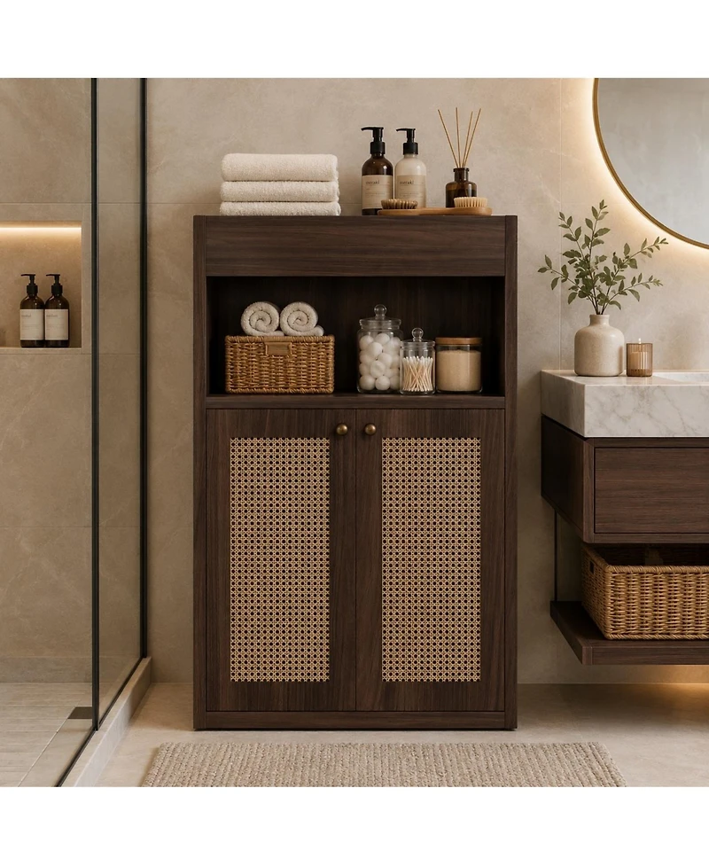 Phying 2 Rattan Doors Freestanding Bathroom Cabinet Adjustable Shelf Floor Storage Organizer with Open Shelving for Home Bathroom Hallway Living Room