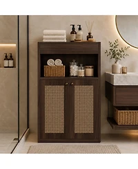 Phying 2 Rattan Doors Freestanding Bathroom Cabinet Adjustable Shelf Floor Storage Organizer with Open Shelving for Home Bathroom Hallway Living Room