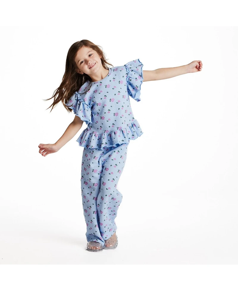 Andy & Evan Little Girls 2T- 7 Floral Print Knit Seersucker Top and Pant Set