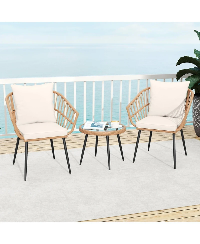 Slickblue 3 Piece Patio Bistro Set with Pe Rattan Chairs and Glass Coffee Table
