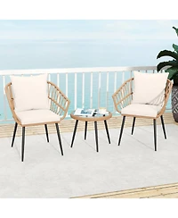 Slickblue 3 Piece Patio Bistro Set with Pe Rattan Chairs and Glass Coffee Table