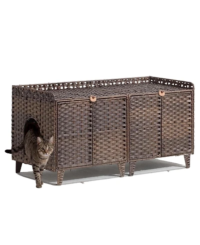 homfan Rattan Cat Litter Box Enclosure for 2 Cats – Large Hidden Furniture with Doors, Mat and Hooks, Double Cabinet