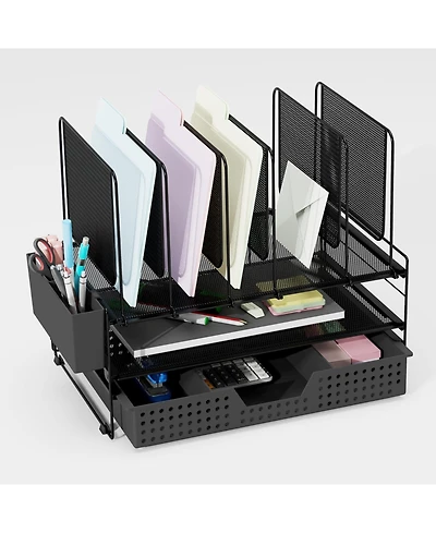Danrong Metal Desk Organizer with Vertical File Holder Drawer Pen Multi-Functional Storage for Home Office School