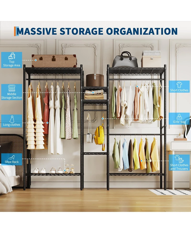 homfan Heavy Duty Metal Garment Rack – Freestanding Storage Shelf and Adjustable Shelves and Hanging Rods – 1000 lb Cap – for Closet, Wardrobe