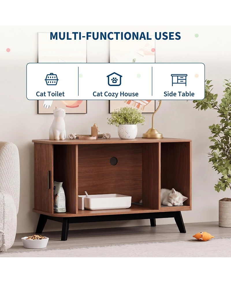 homfan Cat Litter Box End Table - 39" Hidden House Enclosure with Sliding Door, Mat, Multi-Functional Wooden Pet Cabinet for Living Room