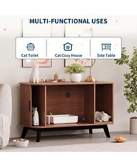 homfan Cat Litter Box End Table - 39" Hidden House Enclosure with Sliding Door, Mat, Multi-Functional Wooden Pet Cabinet for Living Room