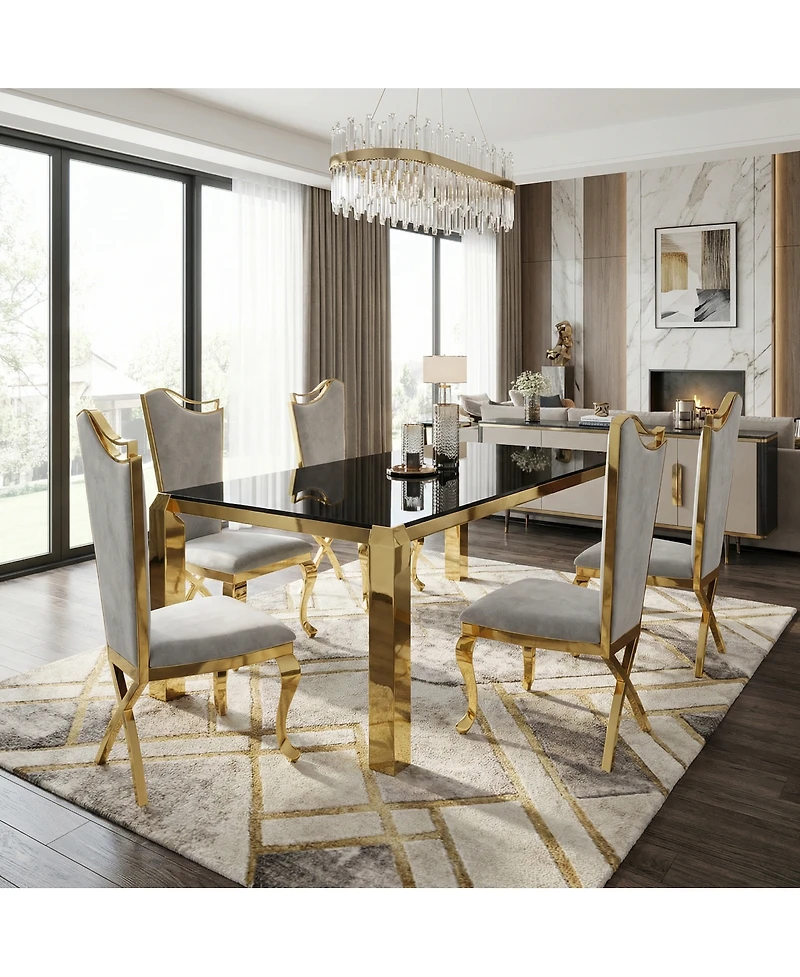 Streamdale Furniture Luxury Gold 63" Modern Dining Table with Tempered Glass - Seats 6