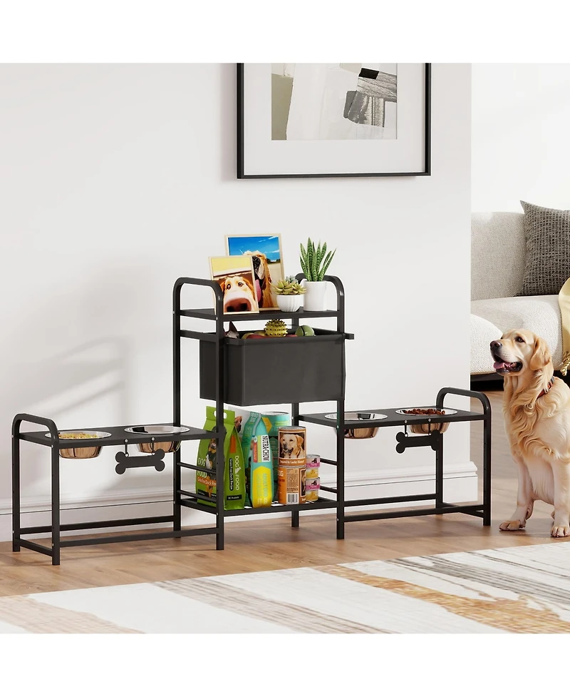Ruie Height Adjustable Dog Bowl Stand with Two Feeding Stations and Toy Bin Basket