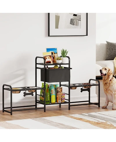 Ruie Height Adjustable Dog Bowl Stand with Two Feeding Stations and Toy Bin Basket