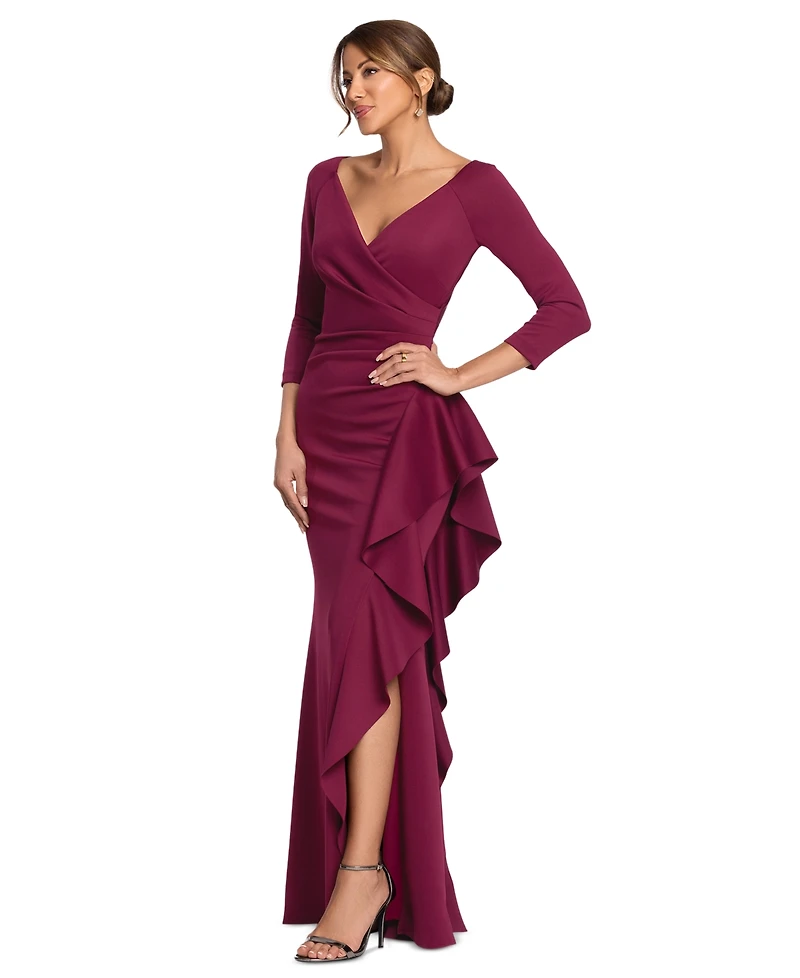 Xscape Women's Scuba Long Sleeve Ruffle Gown