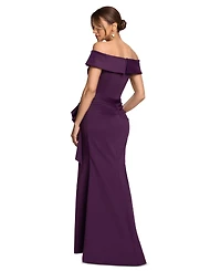 Xscape Women's Scuba Off-the-Shoulder Side Ruffle Gown