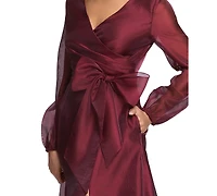 Xscape Women's Metallic Organza Long Sleeve Bow Gown