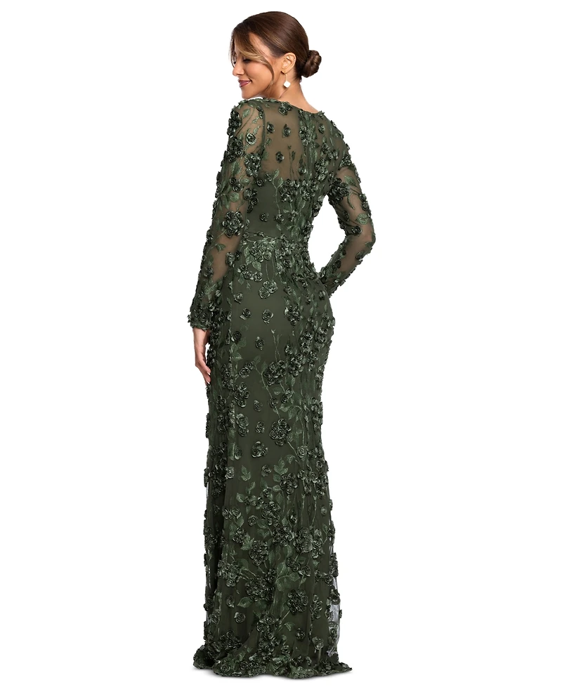 Xscape Women's Long Sleeve Rose Flower Dress